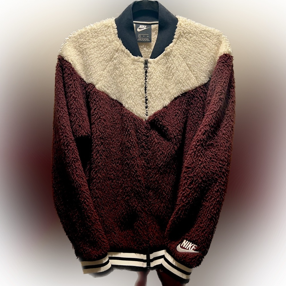 NIKE Maroon/Cream/Black Sherpa Bomber - Womens Size XL